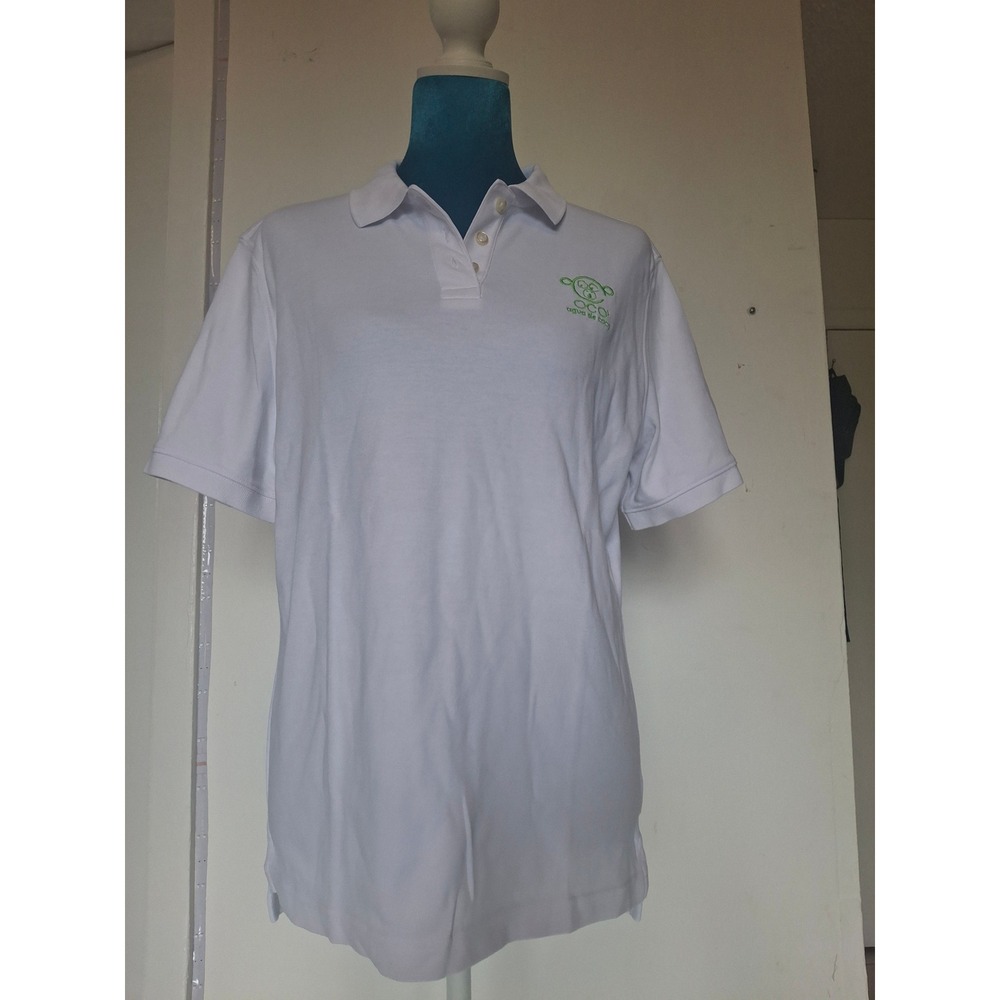 Lands End White Cotton Polo Shirt OCO Agua De Coco Monkey Logo Small